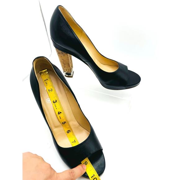 Chanel Black Leather CC Logo Silver Chain Peep Toe Cork Heel Pumps Shoes sz 39.5 - Picture 10 of 14